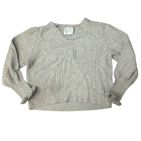 Lucky Brand Cable Knit V Neck Puff Sleeve Sweater Light Gray Womens M - Picture 4 of 4